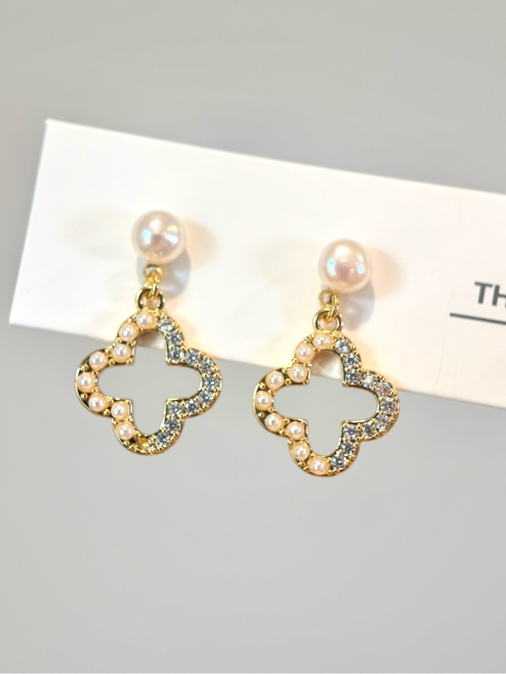 Gold Pearl & Crystal Clover Drop Earrings - Real Pearls